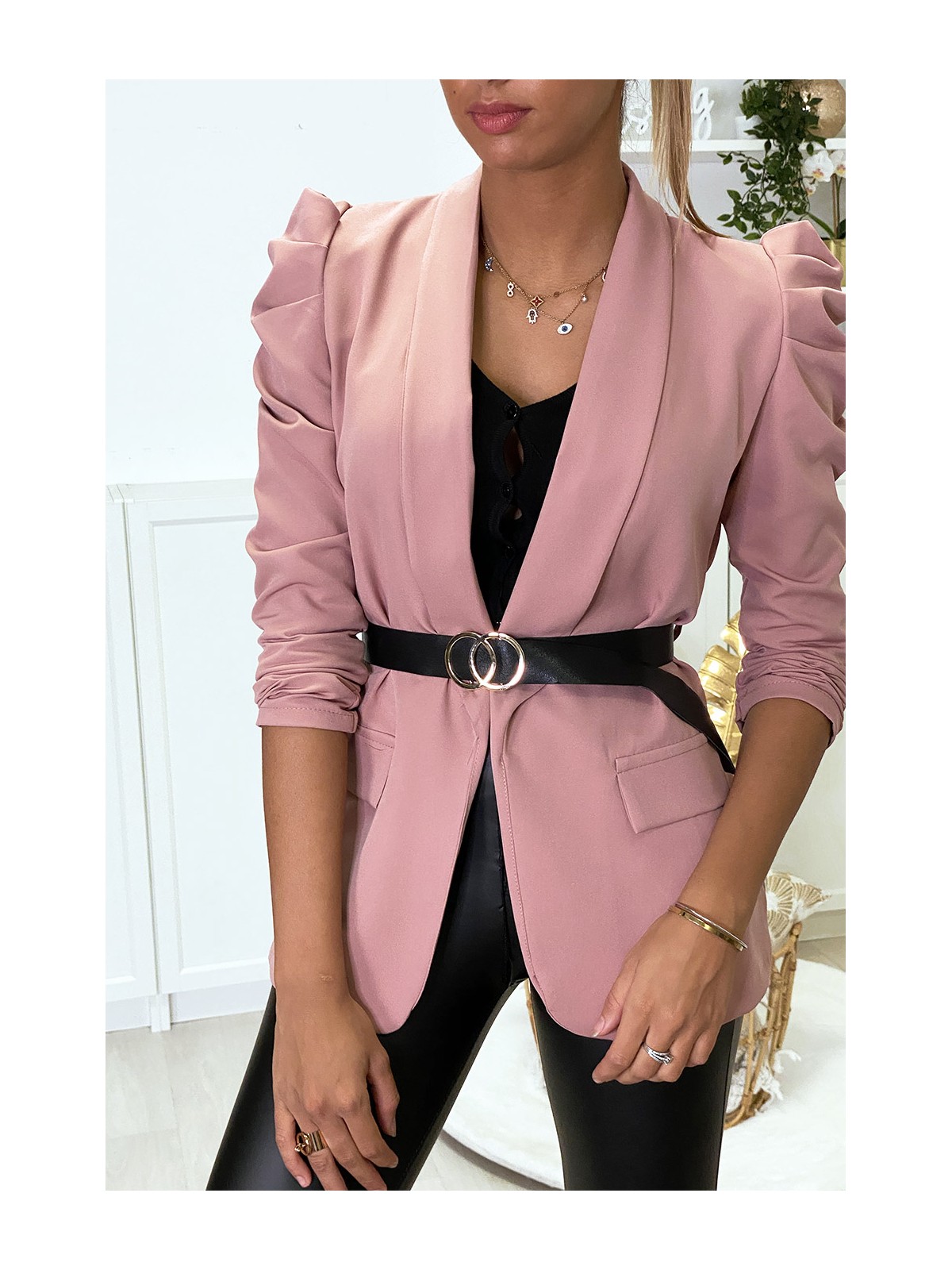 Veste blazer rose épaules bouffante avec ceinture - 1