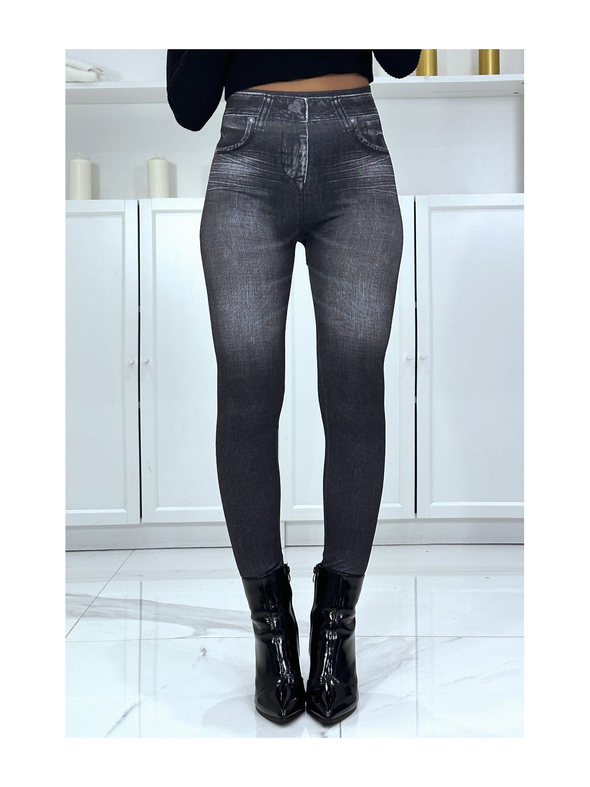 Legging noir taille haute et molletonné motif jean délavé - 1