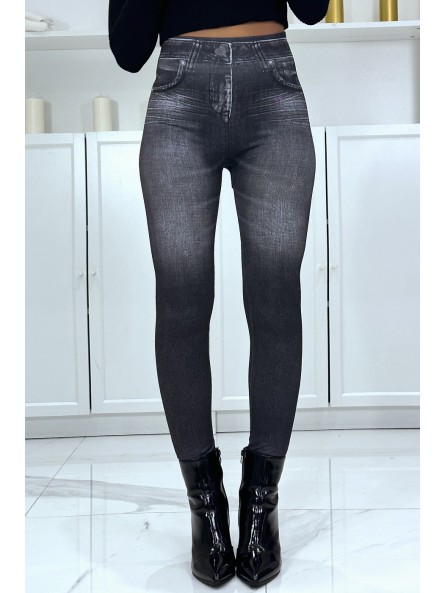 Legging noir taille haute et molletonné motif jean délavé - 3