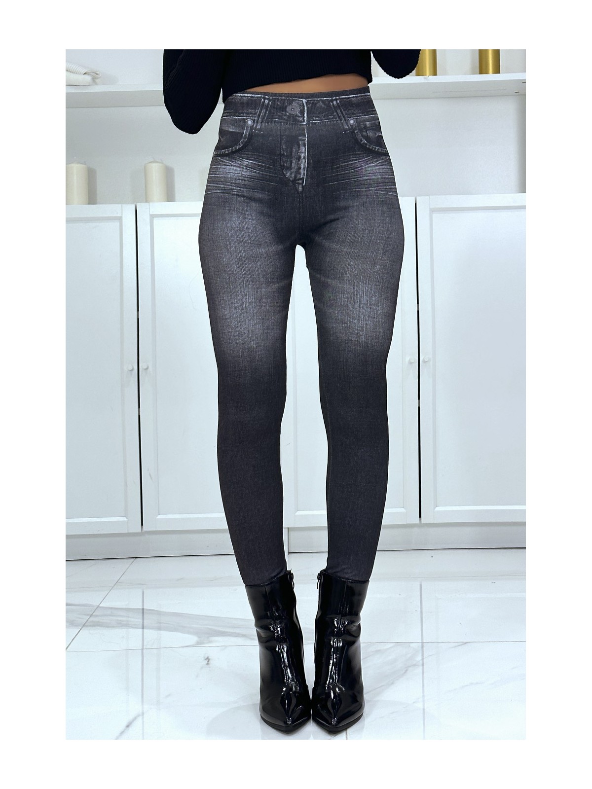 Legging noir taille haute et molletonné motif jean délavé - 3