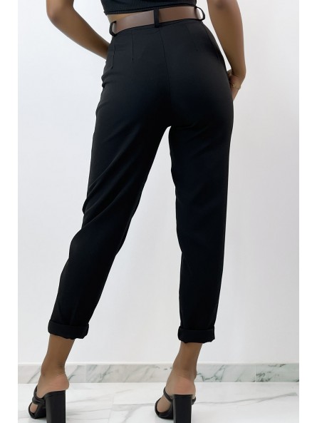 Pantalon noir à pinces taille haute avec ceinture - 4