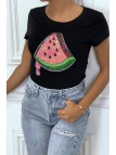 T-shirt noir avec dessin "pastèque" en sequin à col rond et manches courtes - 2