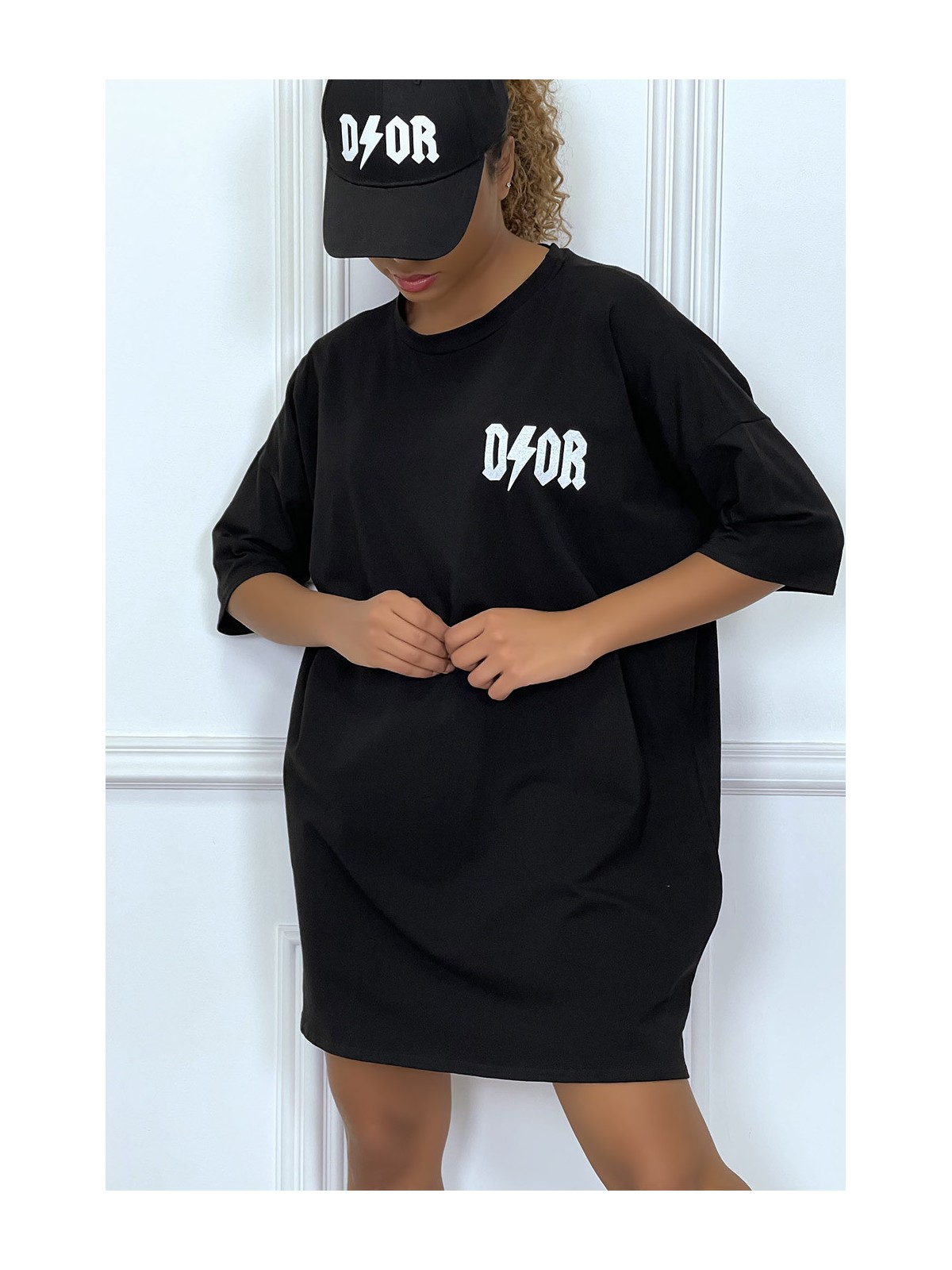 Tee-shirt oversize noir tendance, écriture "D/or", manche mi-longue - 5