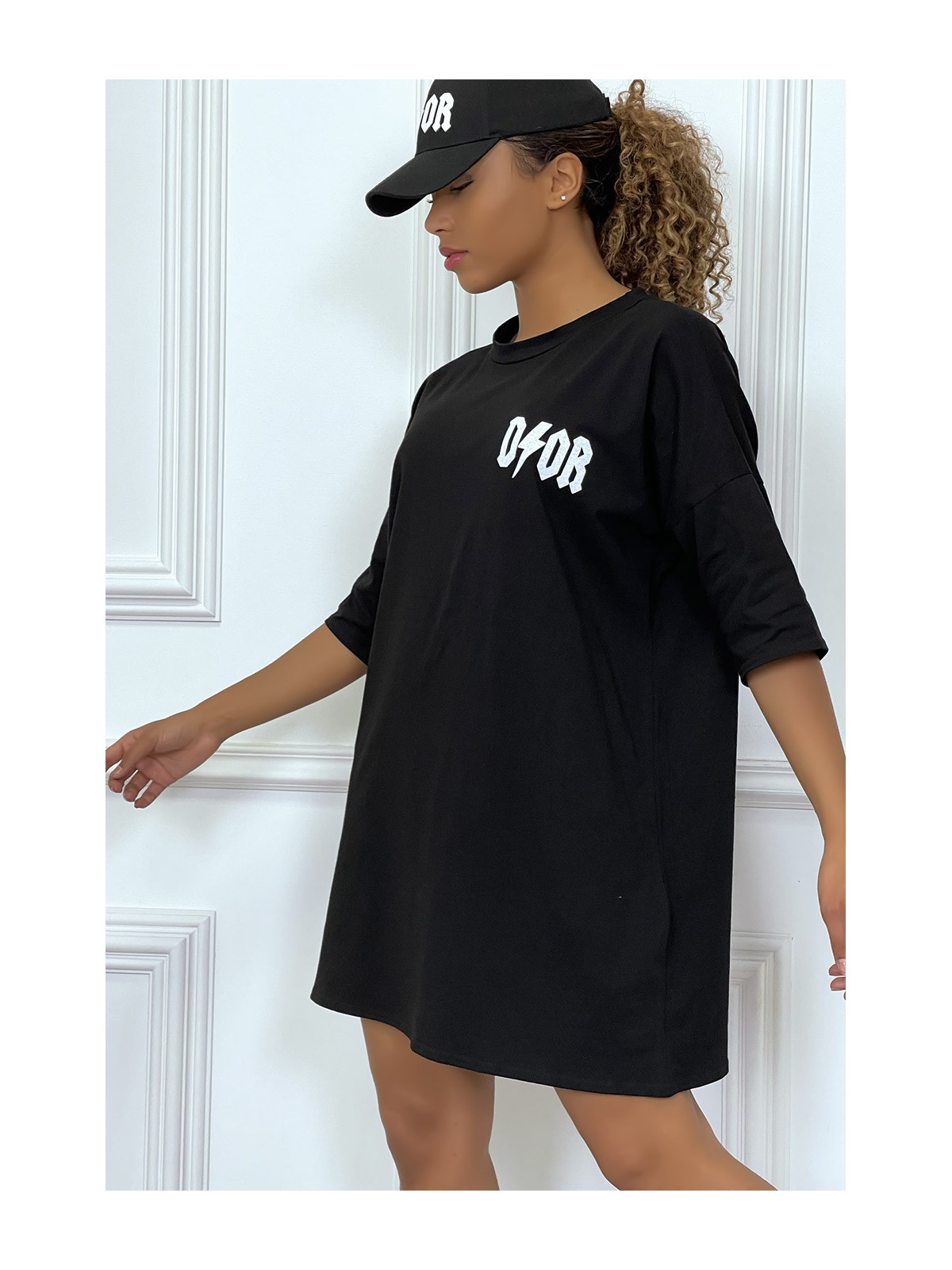 Tee-shirt oversize noir tendance, écriture "D/or", manche mi-longue - 6