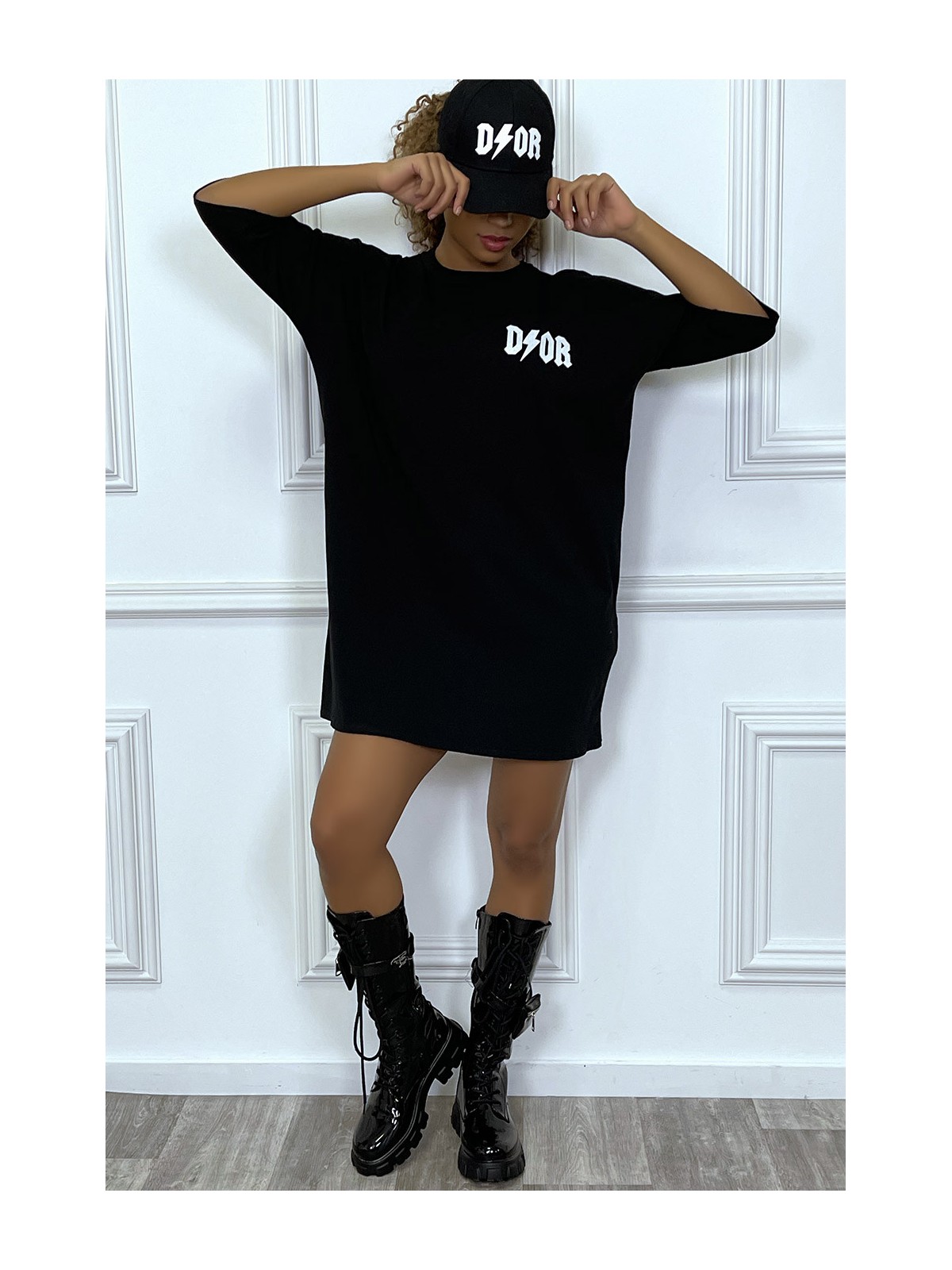 Tee-shirt oversize noir tendance, écriture "D/or", manche mi-longue - 7