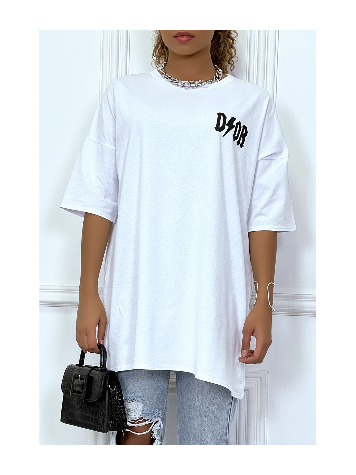 Tee-shirt oversize blanc tendance, écriture "D/or", manche mi-longue - 1