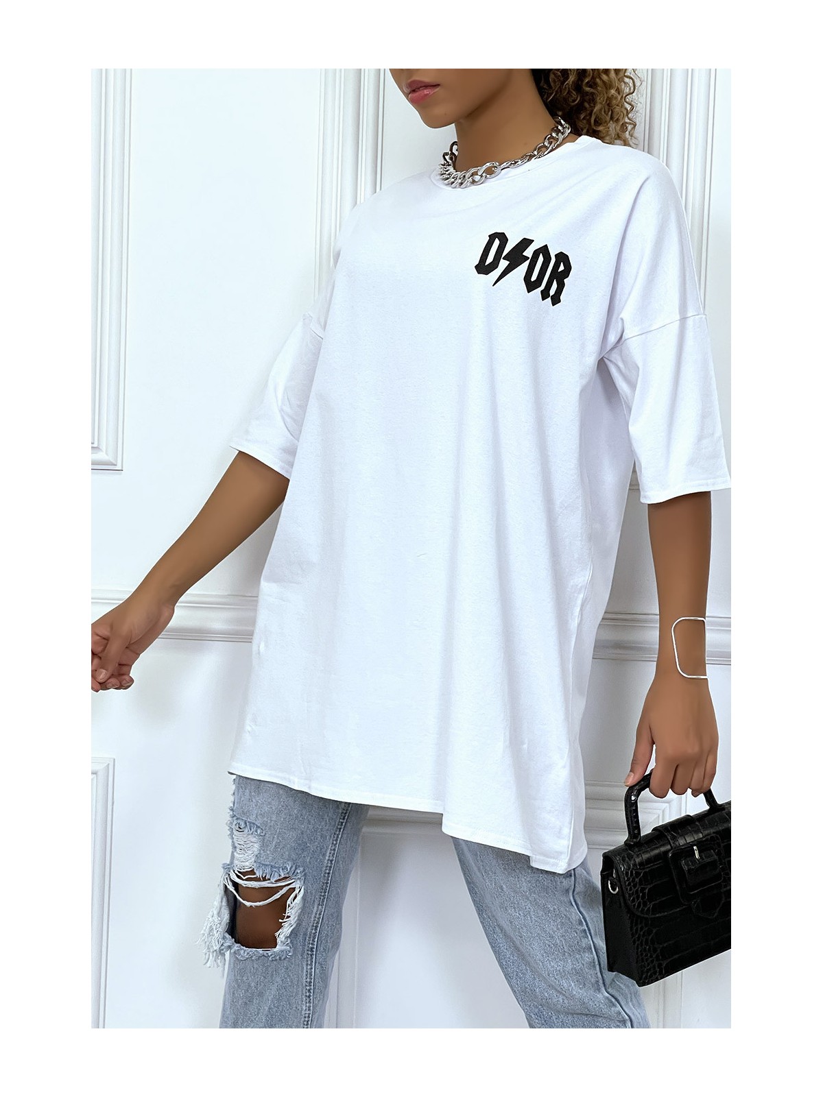 Tee-shirt oversize blanc tendance, écriture "D/or", manche mi-longue - 2