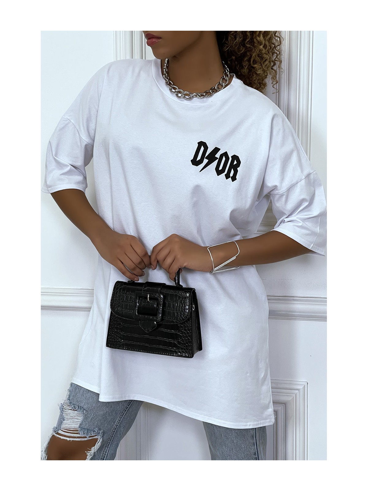 Tee-shirt oversize blanc tendance, écriture "D/or", manche mi-longue - 5