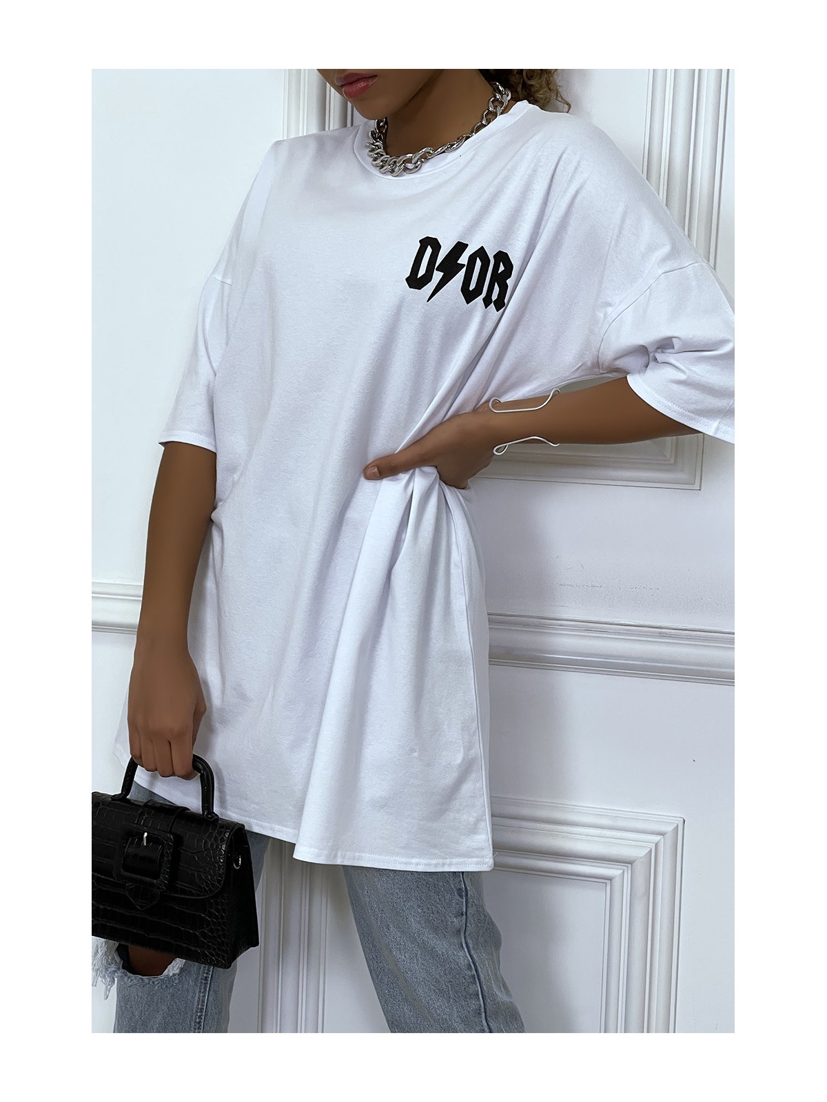 Tee-shirt oversize blanc tendance, écriture "D/or", manche mi-longue - 6