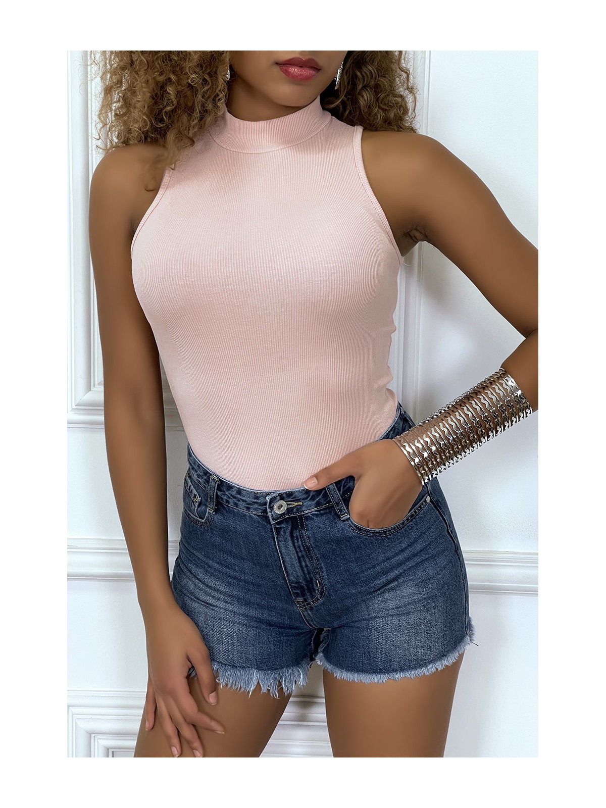 Body col montant rose sans manches - 4