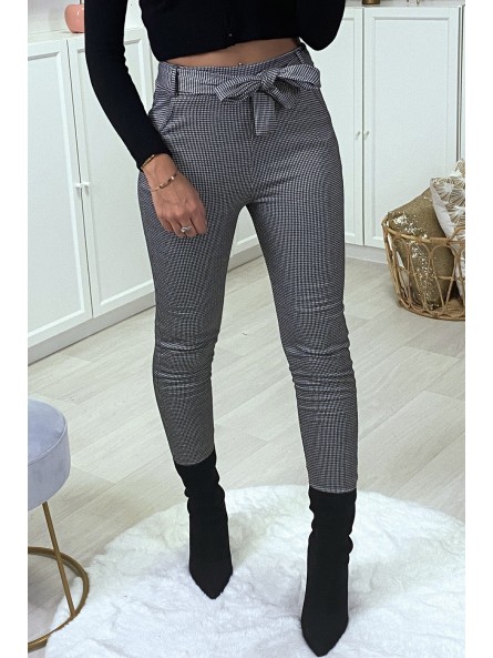 Pantalon slim à motif vichy gris molletonné à l'intérieur avec poches et ceinture - 1