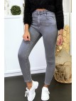 Jeans gris en taille haute très extensible avec poches - 1