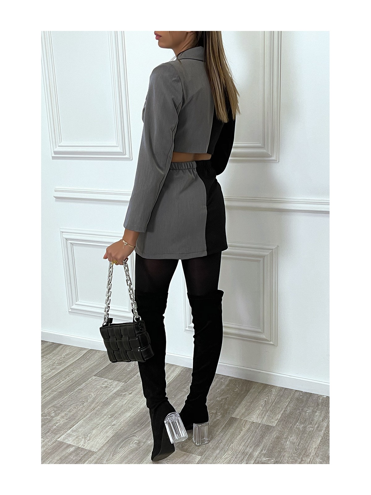Ensemble tailleur veste courte et mini jupe bicolore cache coeur à manches longues - 3