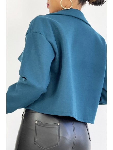 Veste courte très fashion en bleue avec poches au buste - 6
