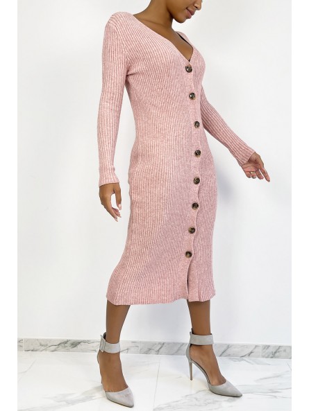 Longue robe pull rose boutonné en matière côtelé - 2