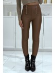 Pantalon slim marron en simili taille haute avec double fermeture zip - 2