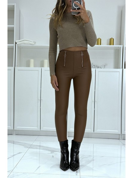 Pantalon slim marron en simili taille haute avec double fermeture zip - 4