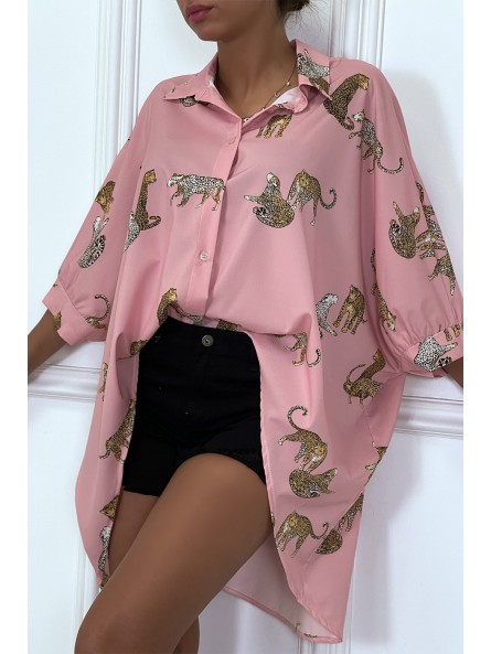 Chemise rose longue à l'arrière, imprimés léopard avec manches amples - 2