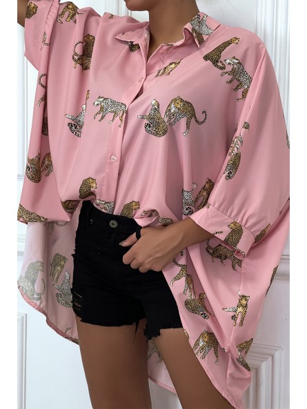 Chemise rose longue à l'arrière, imprimés léopard avec manches amples - 3
