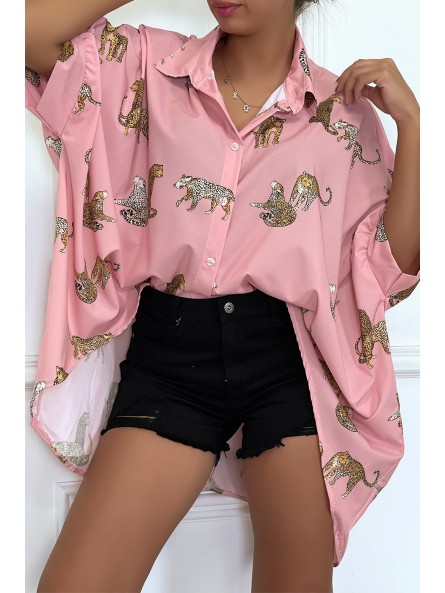 Chemise rose longue à l'arrière, imprimés léopard avec manches amples - 5