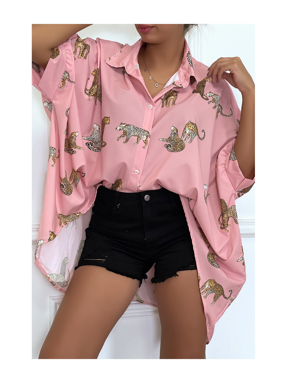 Chemise rose longue à l'arrière, imprimés léopard avec manches amples - 5