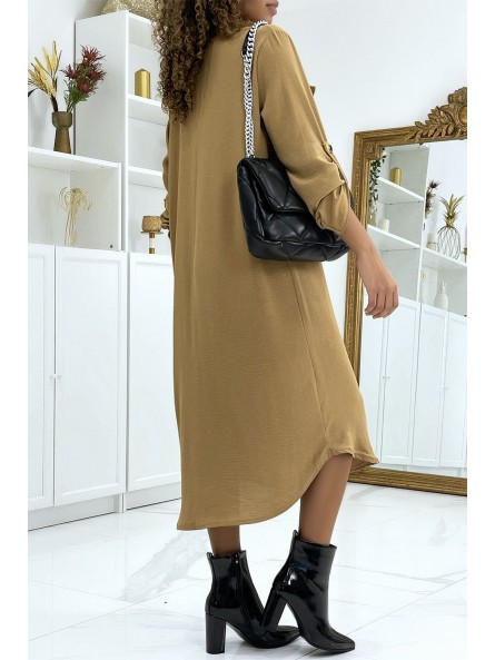 Longue robe chemise camel poches saharienne - 4