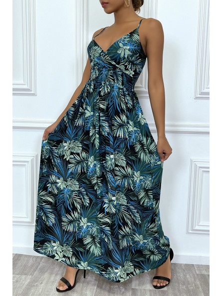 Longue robe d'été bleu royal à imprimé tropical et cintrée à la taille. - 2