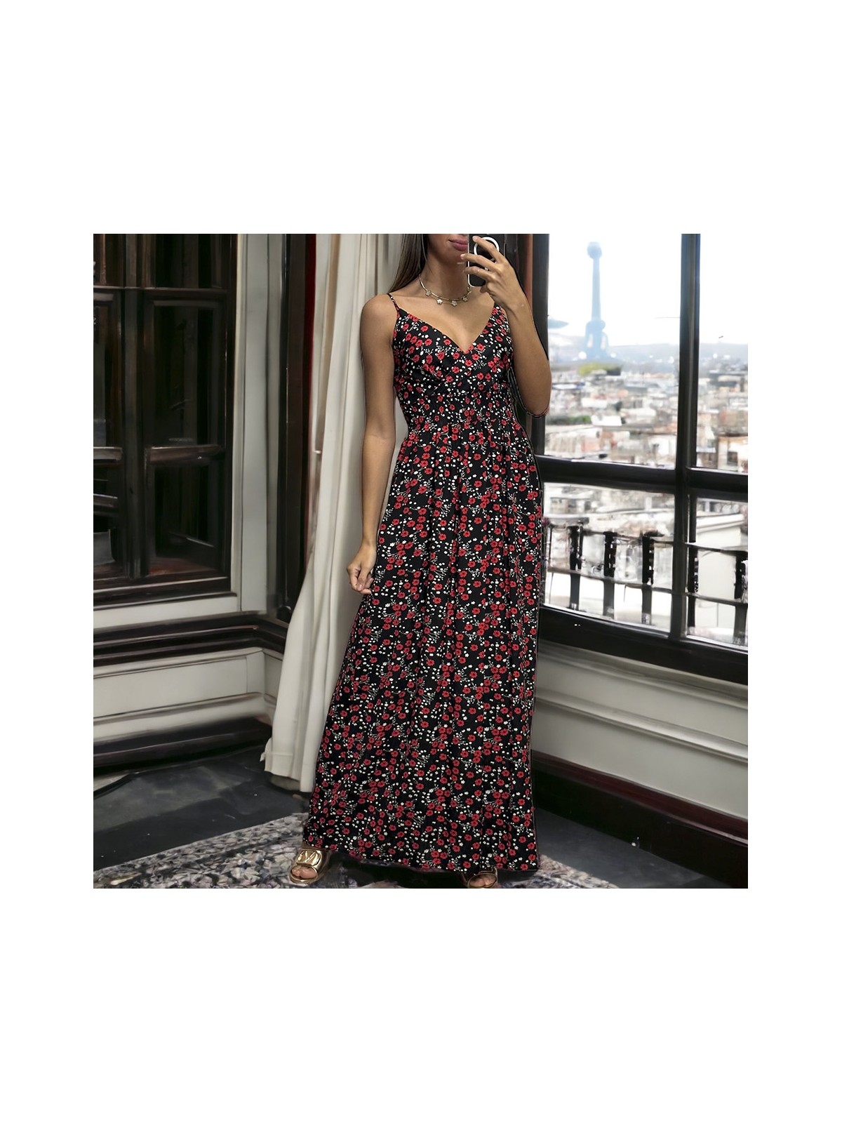 Longue robe motif fleuris noir et rouge bretelles amovible - 2