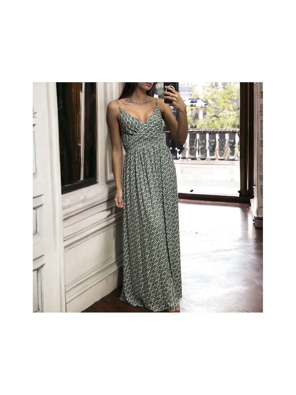 Longue robe à motif vert bretelles amovible - 2