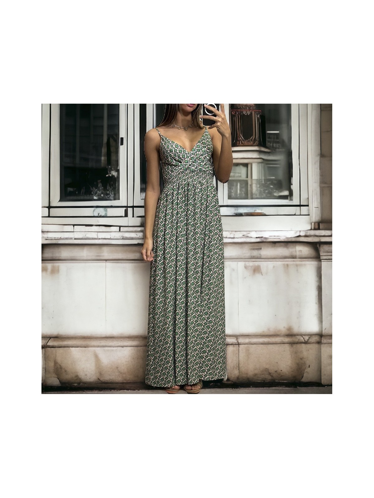 Longue robe à motif vert bretelles amovible - 3