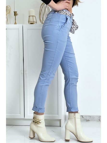 Pantalon strech bleu avec poches froufrou et ceinture - 1