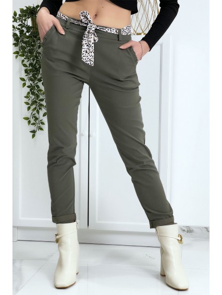Pantalon strech kaki avec poches froufrou et ceinture - 2