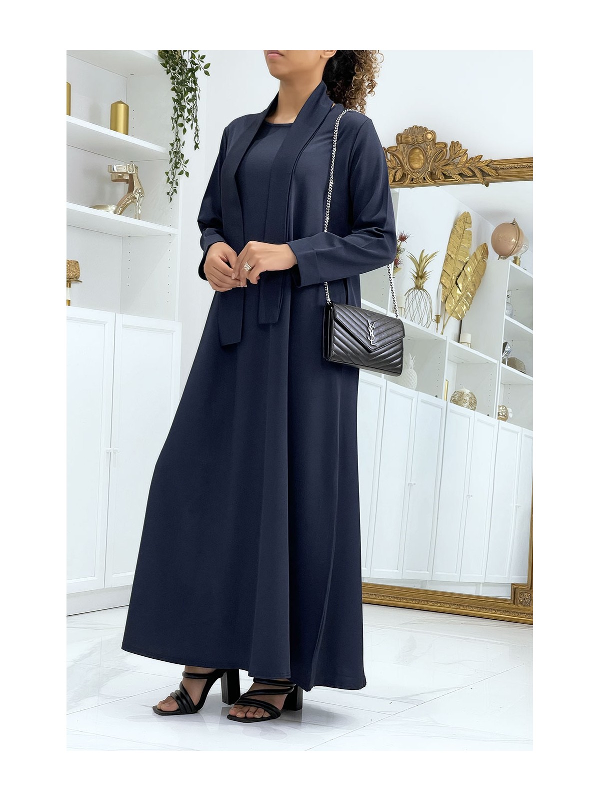 Longue abaya marine avec poches et ceinture - 2