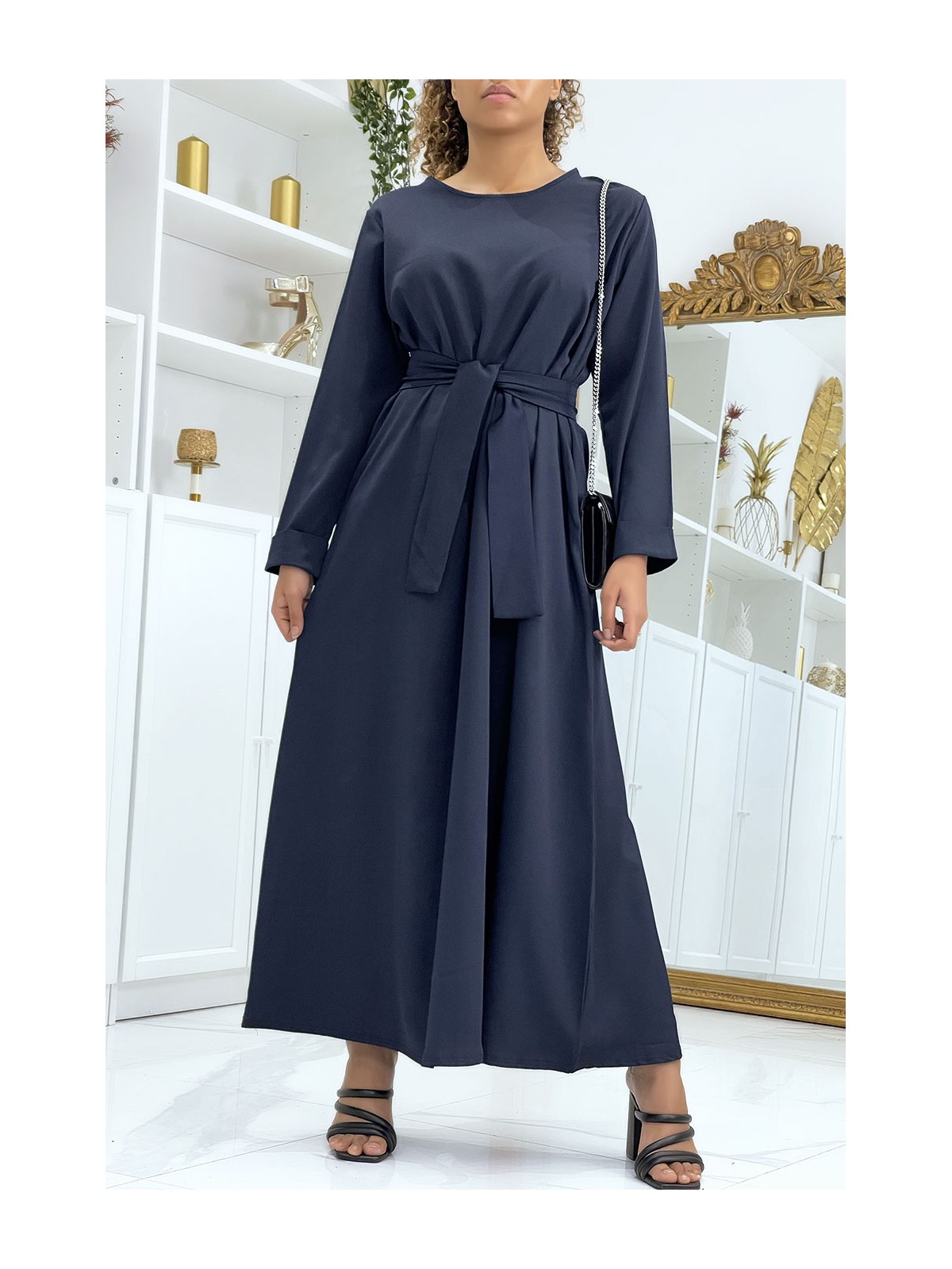 Longue abaya marine avec poches et ceinture - 4