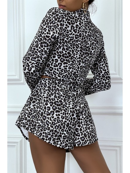 Ensemble veste courte et short gris plissé à motif léopard - 5