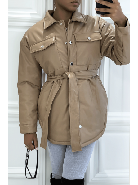 Manteau taupe mi long asymétrique simili cuir avec ceinture à la taille - 3