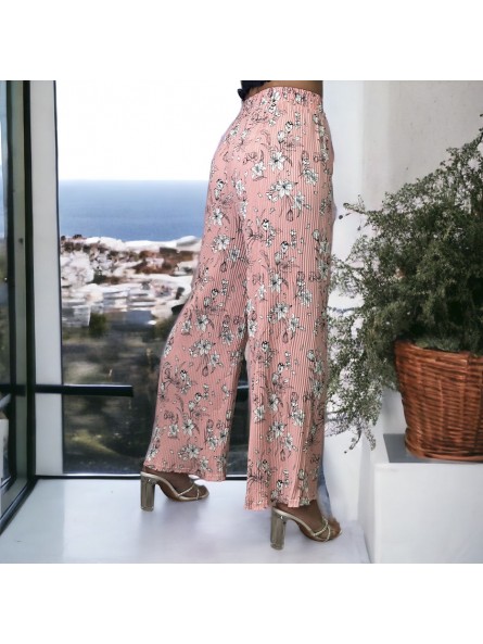 Pantalon palazzo plissé rose motif fleurs   - 1