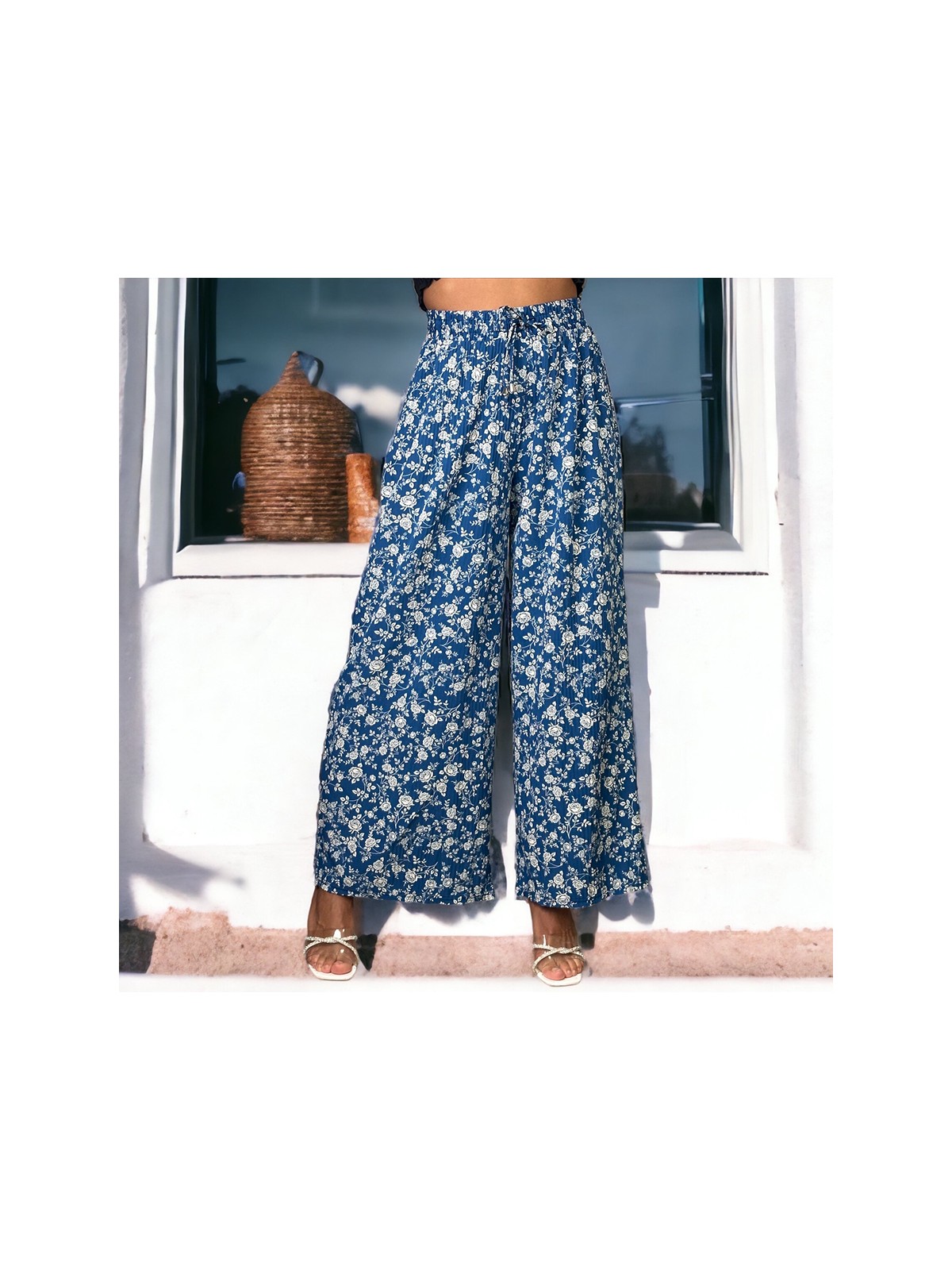 Pantalon palazzo plissé bleu motif fleurs - 1