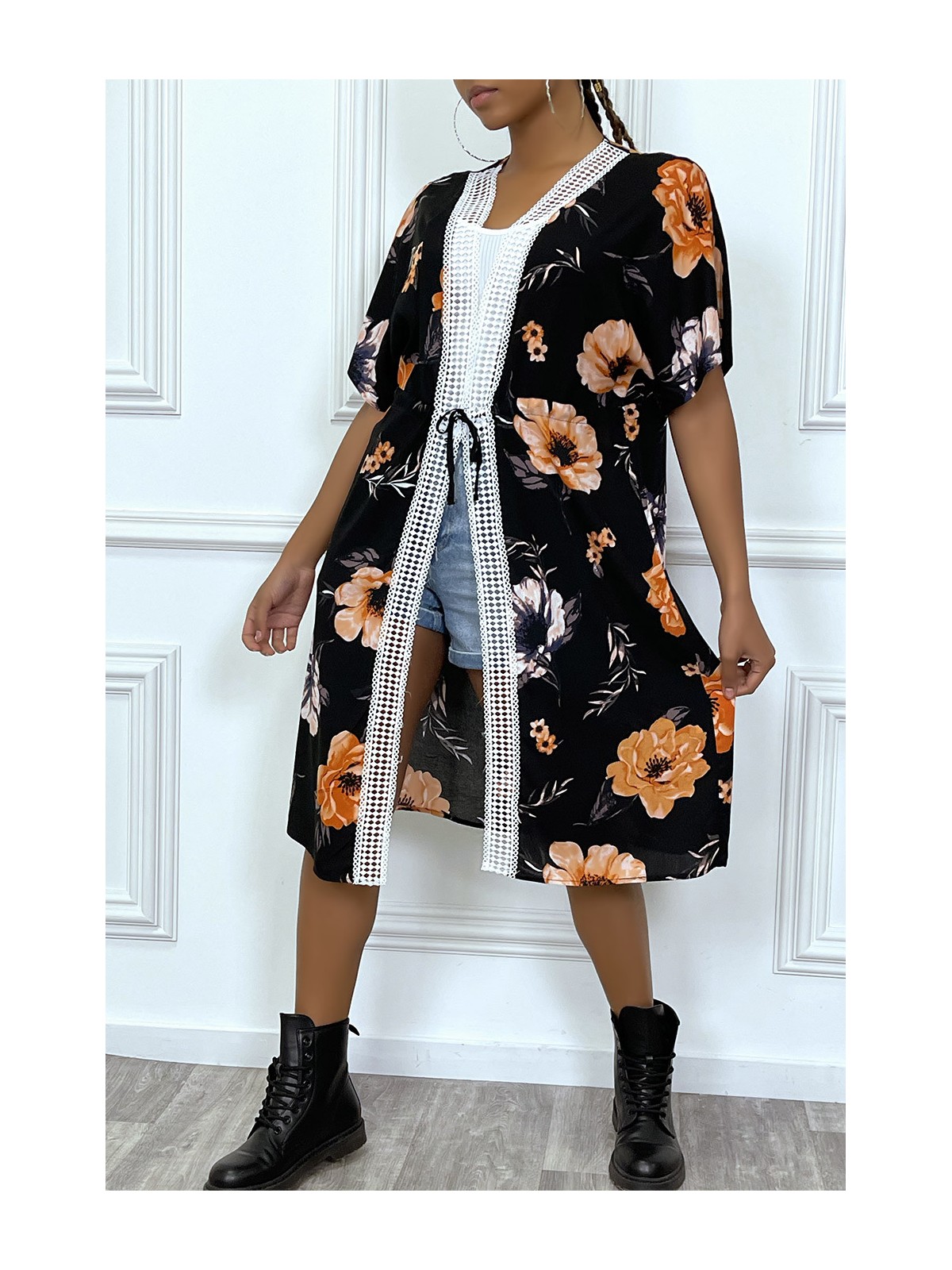 Kimono noir manches courtes motif fleuri - 6