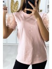 T-shirt rose avec manches froufrou en tulle - 1