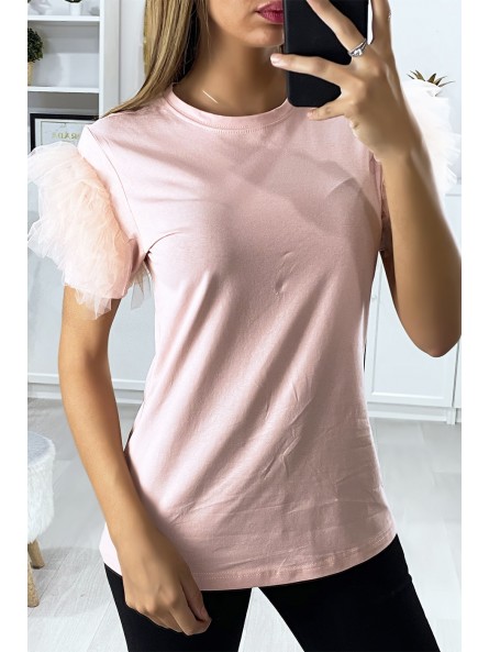 T-shirt rose avec manches froufrou en tulle - 2