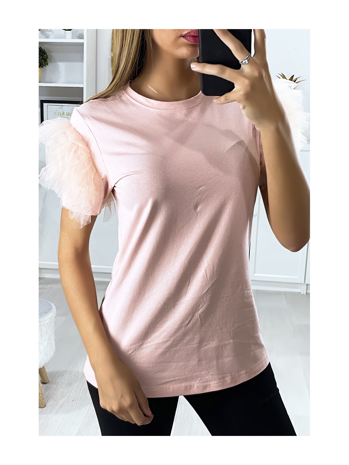 T-shirt rose avec manches froufrou en tulle - 2