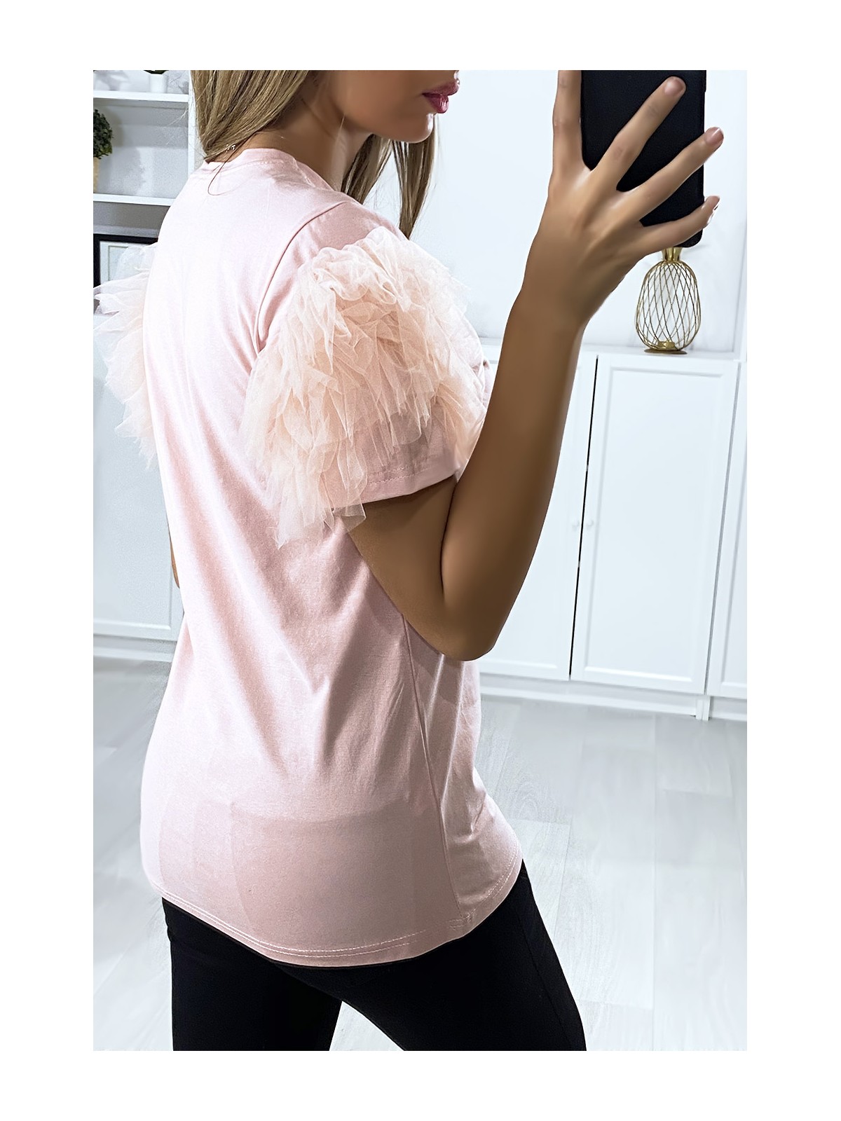 T-shirt rose avec manches froufrou en tulle - 5