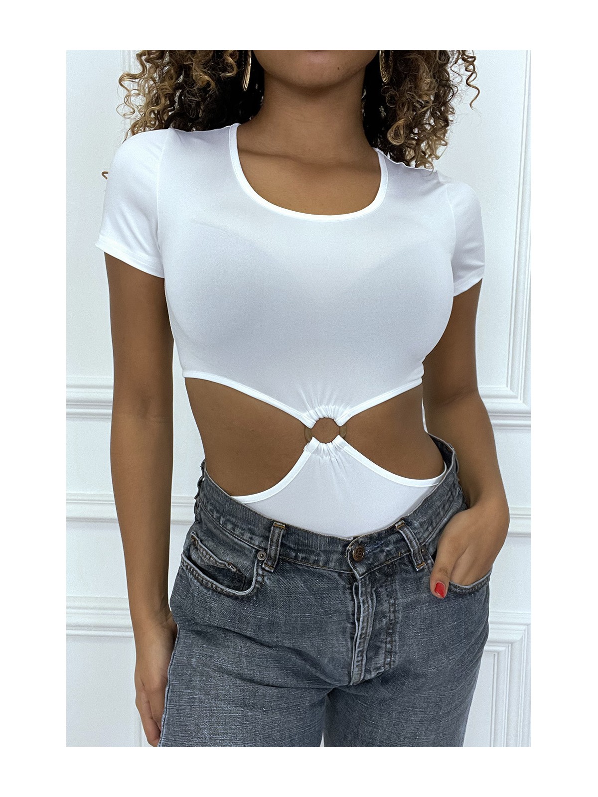 Body blanc tee shirt facon trikini avec anneaux - 5