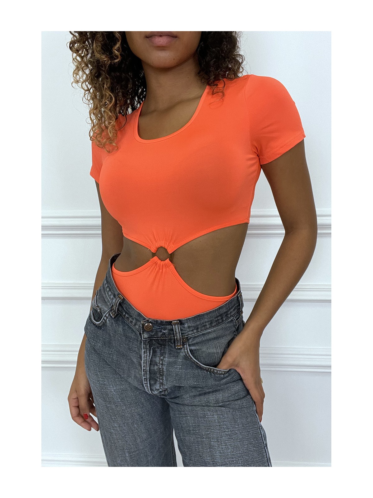 Body orange tee shirt facon trikini avec anneaux - 1