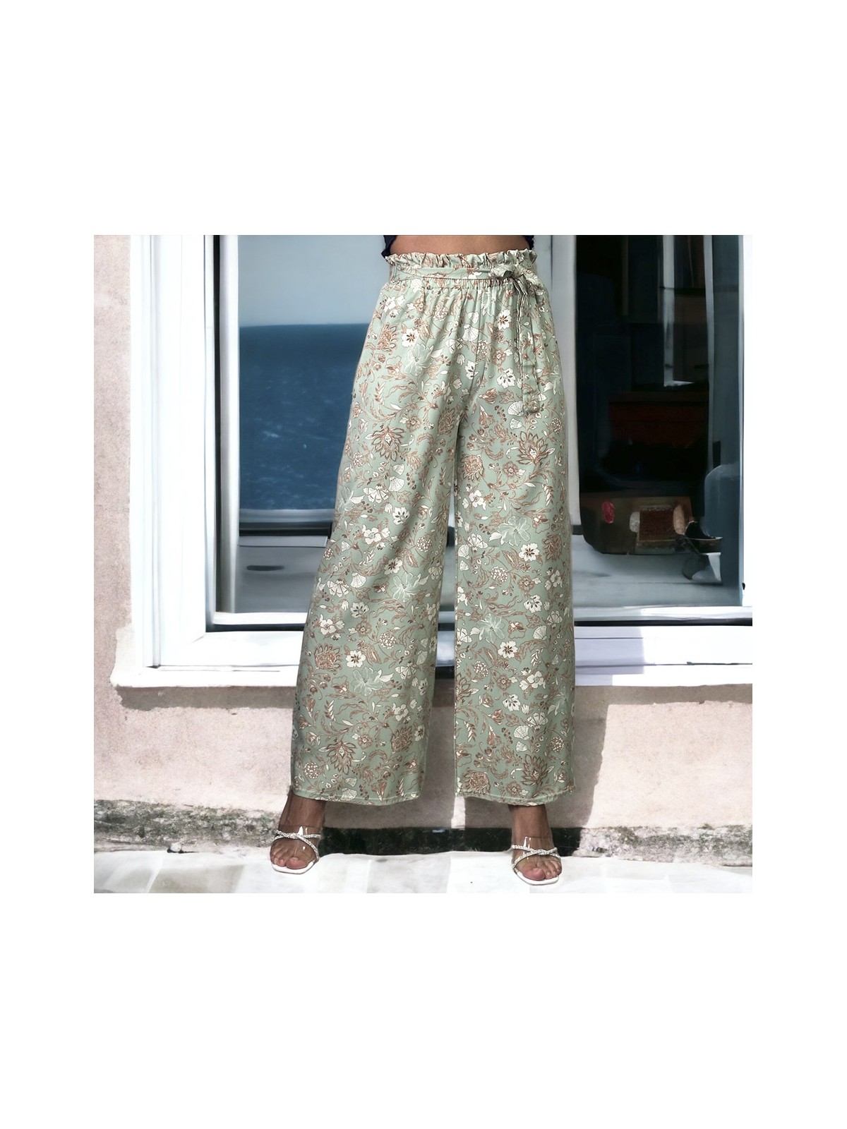 Pantalon palazzo motif fleuris vert - 2