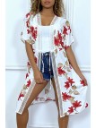 Kimono mi-long blanc ceinturé avec imprimés floraux et dentelle - 1