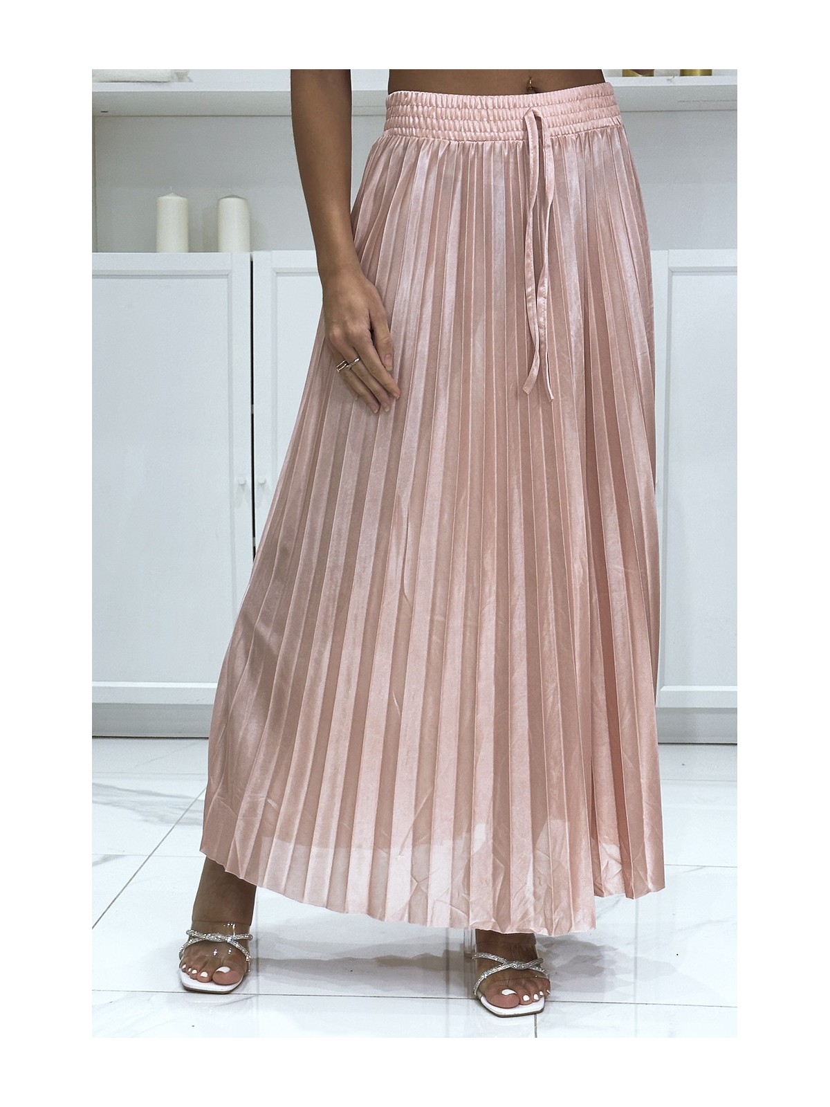 Longue jupe plissé satiné rose très chic - 2
