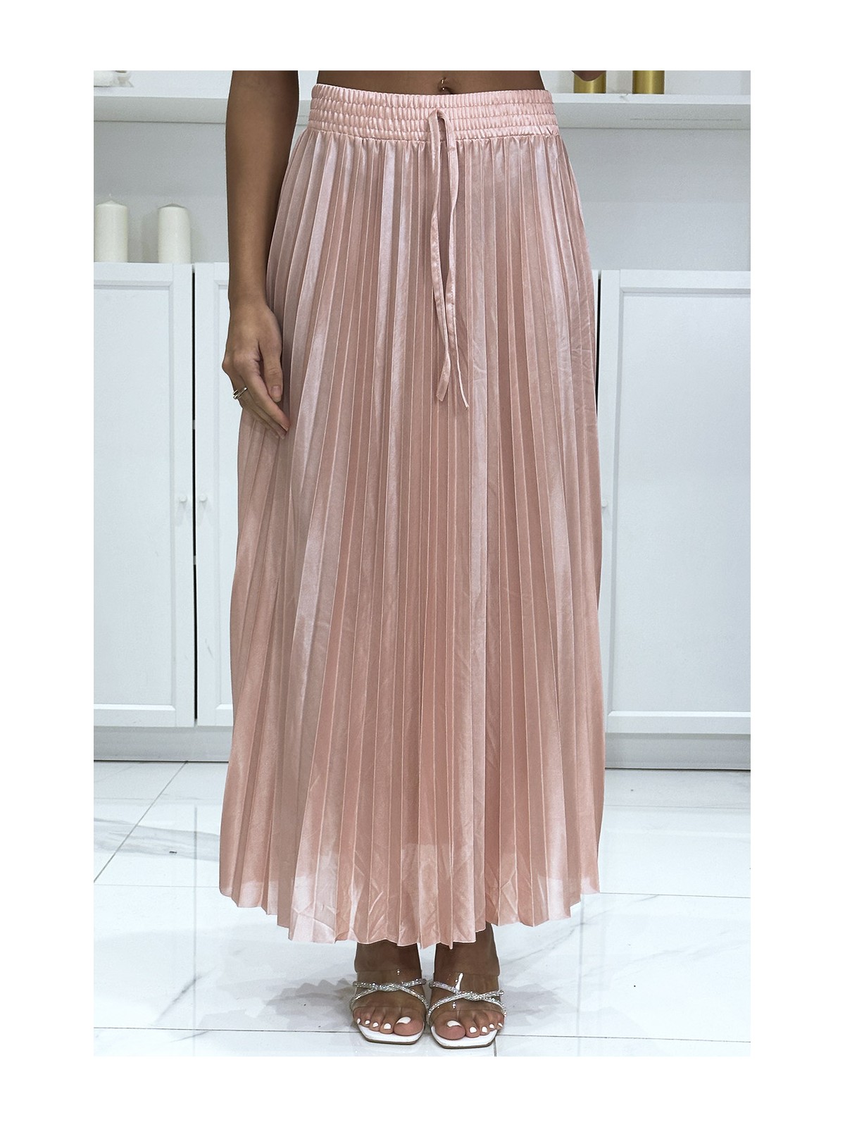 Longue jupe plissé satiné rose très chic - 3