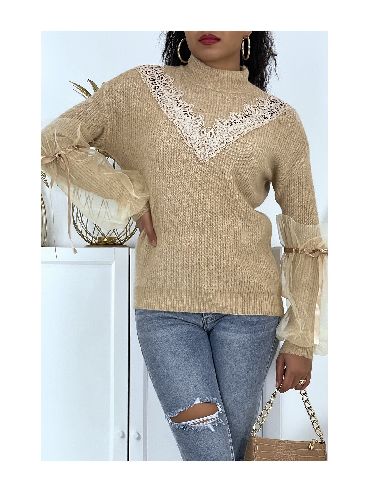 Pull col montant taupe à manches bouffantes en tulle - 2